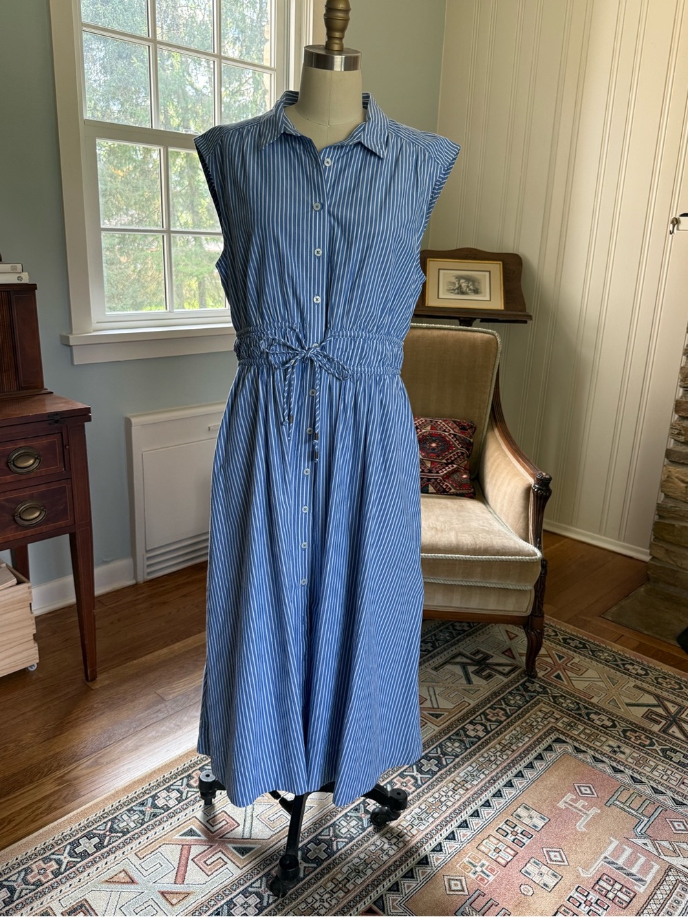 Anthropologie Blue & White Striped Sleeveless Midi Shirt Dress